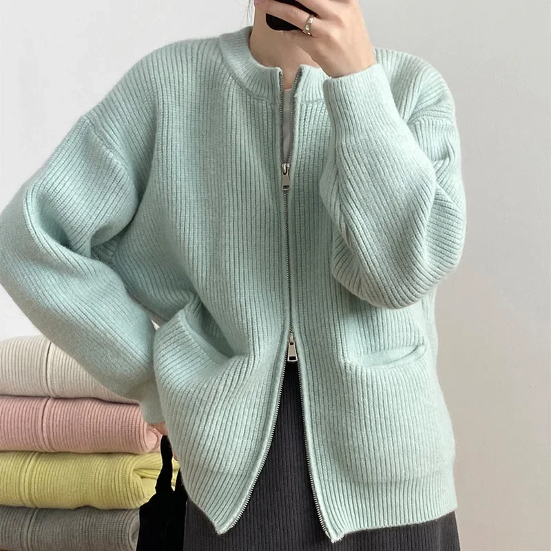 Retro Solid Color Lazy Wind Premium Sense Pit Strip Double Zipper Knitted Cardigan Women's Loose Soft Waxy Temperament Sweater