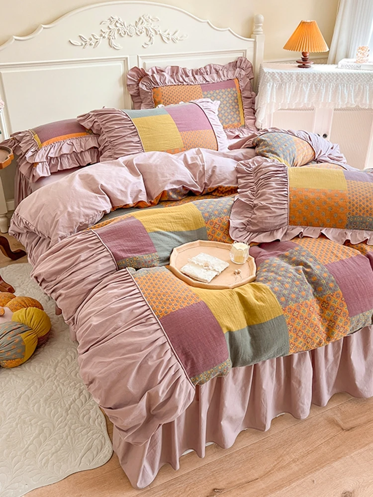 Four-Piece Set Bed Skirt Stitching Printing and Dyeing Household Bedding French Retro Plaid Cotton Thickened Warm Autumn Winter