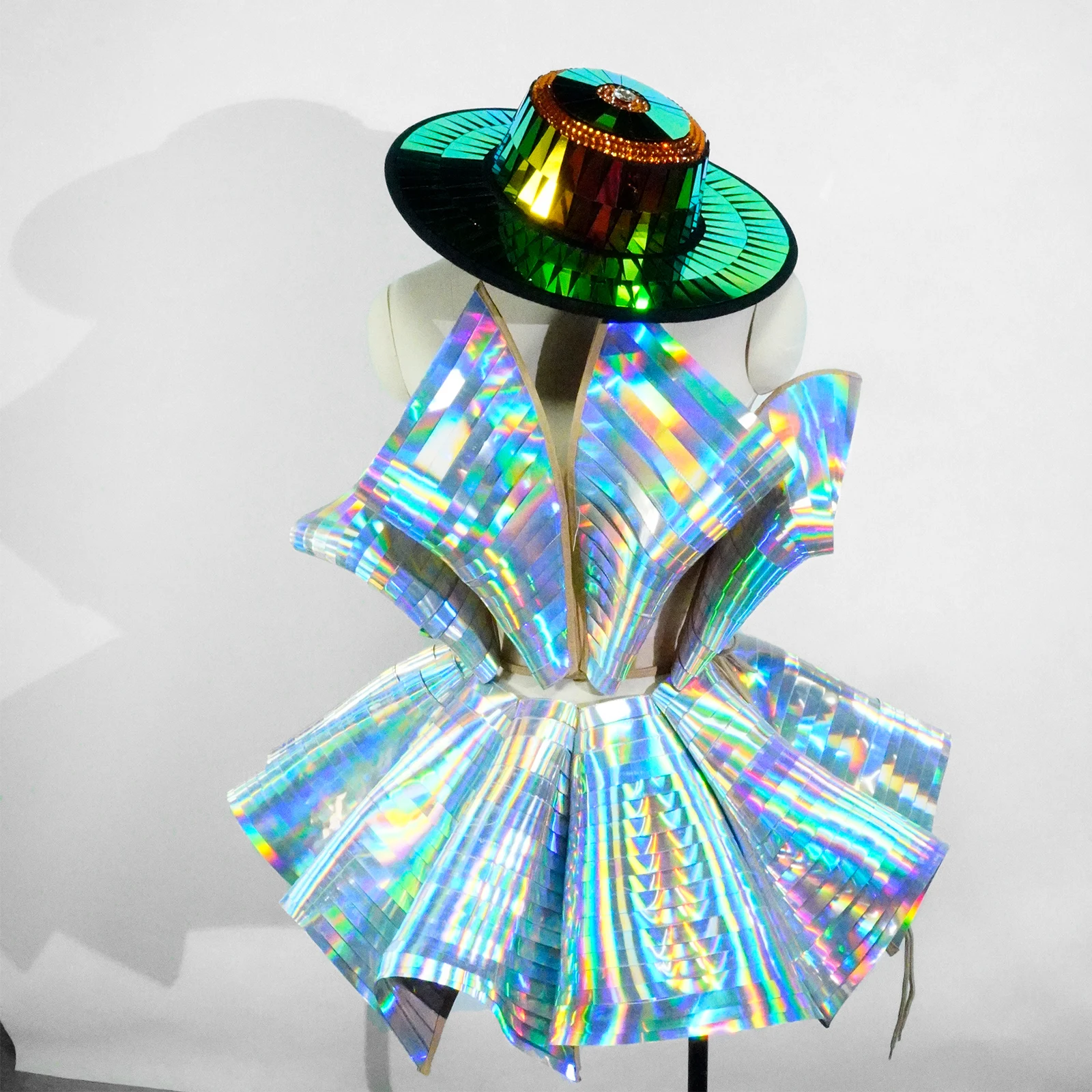 

New Dress Rhinestone Jazz Mirror Cap Twopiece Set Stage Birthday Party Performance Ball Singer Celebrity Outfit Drag Queens Look
