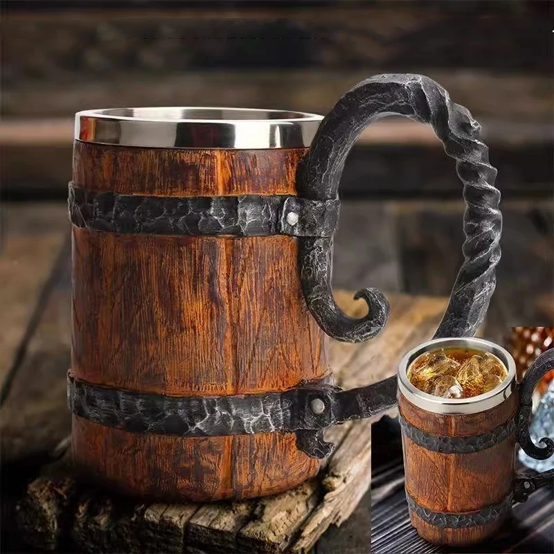 600ml Viking Wood style Beer Mug Christmas Gift Simulation Wooden Barrel Beer Cup Double Wall Drinking Mug Metal Insulated