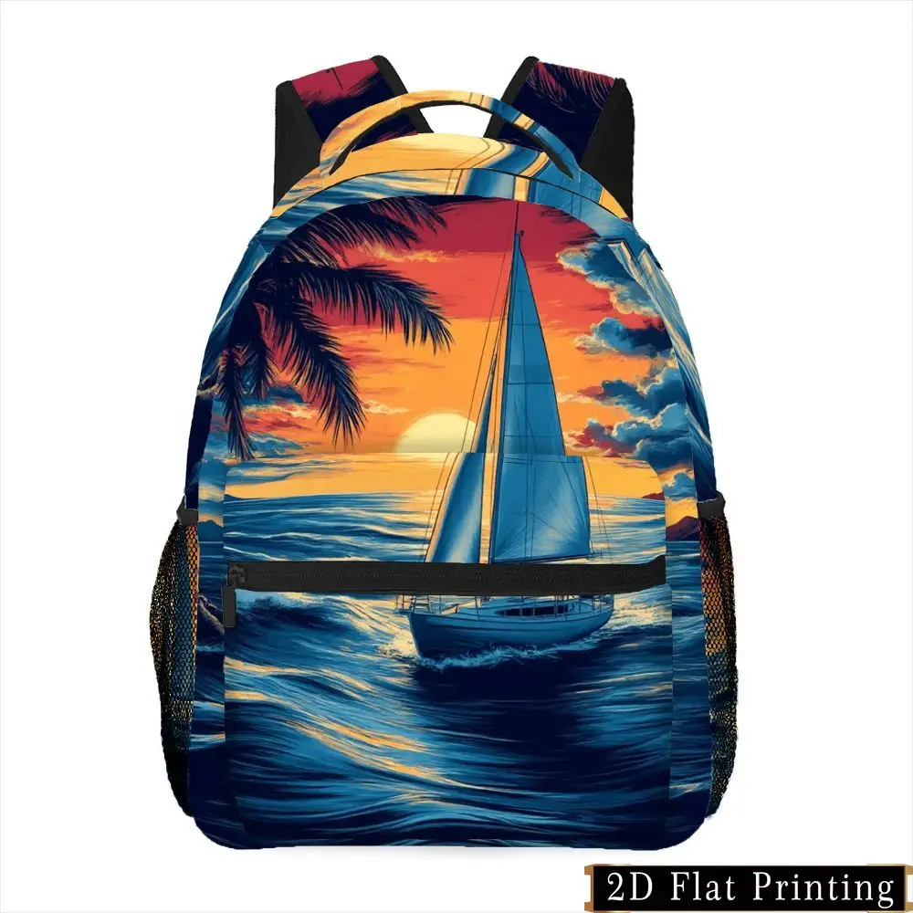 

Sunset Seascape Sailboat Palm Tree Print Zipper Backpack Hand Wash Laundry Commuter Fitness Multi-Use Printed Pattern