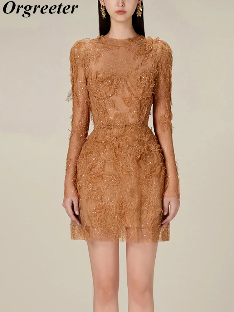 

High Quality Lace Dress Runway Designer Long Sleeve Petal Embroidery Sequins Temperament Short Dresses