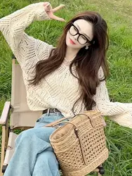 Women Knit Hollow Out Crochet Sweater Long Sleeve Summer Beach Top Pullovers Female Clothing Mesh Shirt Sexy Club Streetwear