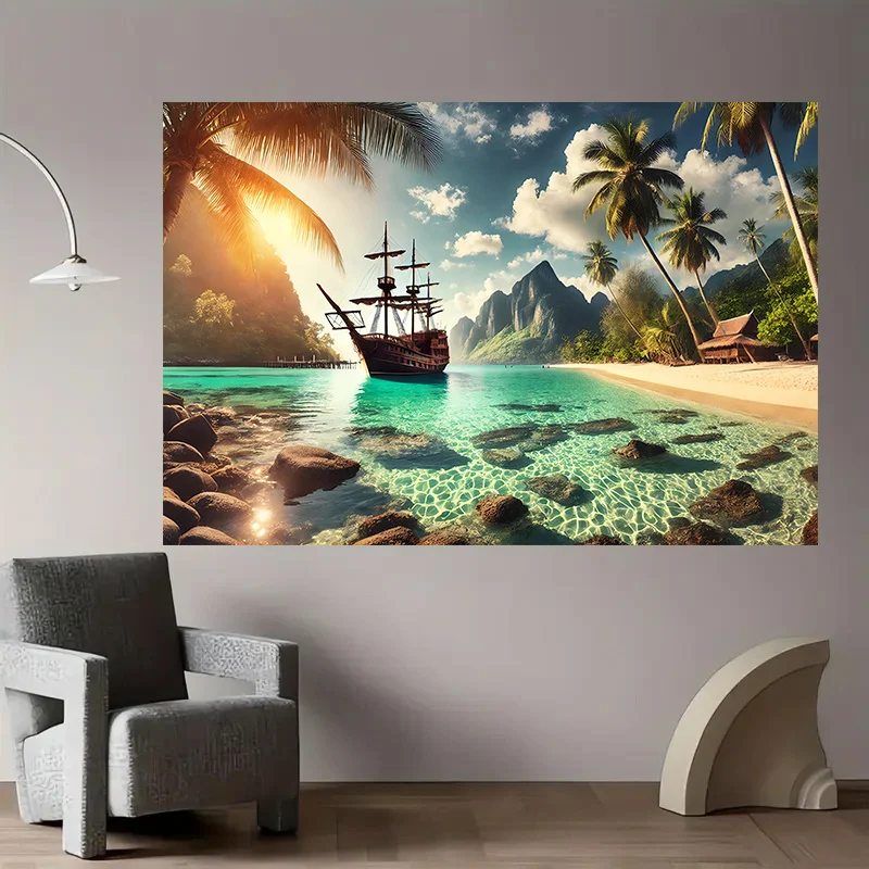 Tropical Beach Pirate Ship Tapestry - Caribbean Sea, Palm Trees, Island Paradise, Summer Wall Art, Living Room Bedroom,
