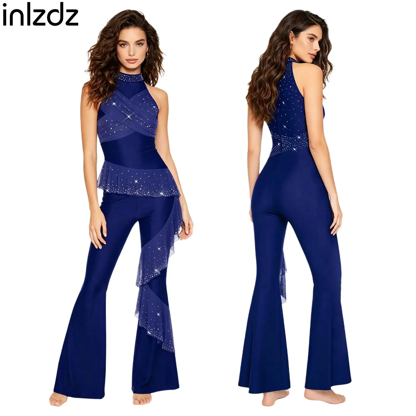 

Elegant Womens Rumba Disco Modern Dance Costume Rhinestone Mesh Overlay Romper Mock Neck Sleeveless Flared Bell Bottoms Jumpsuit