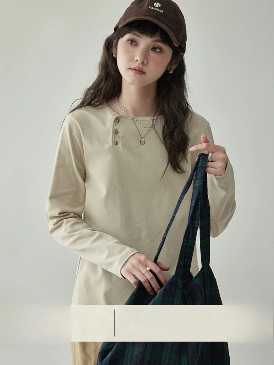 

Оригинальная женская однотонная футболка Long Sve Base irt с нерегулярными пуговицами, весенне-осенняя новая повседневная футболка из смеси хлопка Sle AMUU