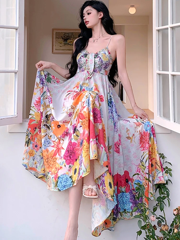 2025 New Boho Floral Chic Bow Sling Sexy Long Dress Summer Elegant Luxury Party Evening Dress Women Korean Bodycon Casual Dress