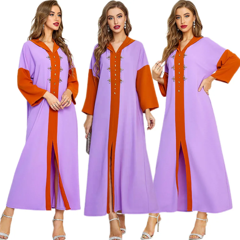 

Ramadan Muslim Long Dress Rhinestone Abaya Arabic Hooded Maxi Robe Middle East Kaftan Women Islamic Party Gown Holiday Moroccan