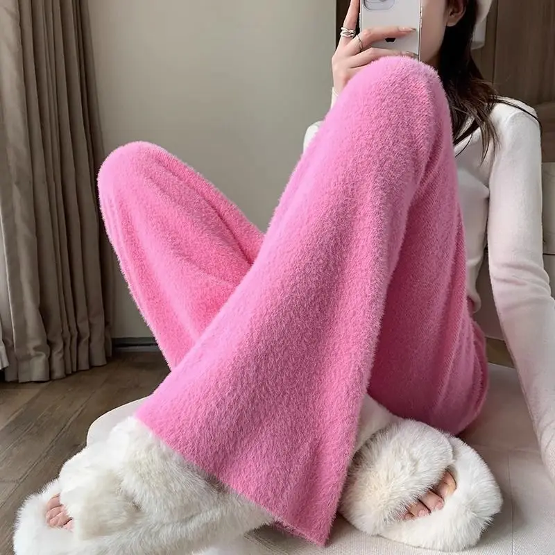 

Pink Mink Wide-leg Pants for Women in Autumn and Winter Loose Draped Casual Straight Pants Knitted Thick Trousers