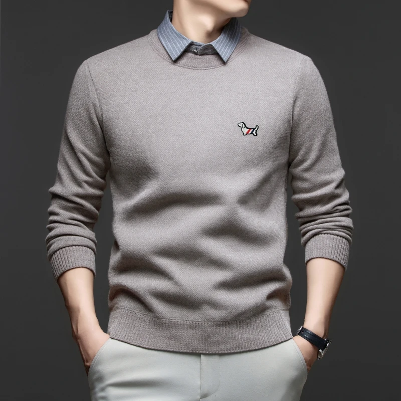 

Designer brand fake two pieces men's sweaters fashion exquisite cartoon dog embroidery luxury new style striped lapel pullover