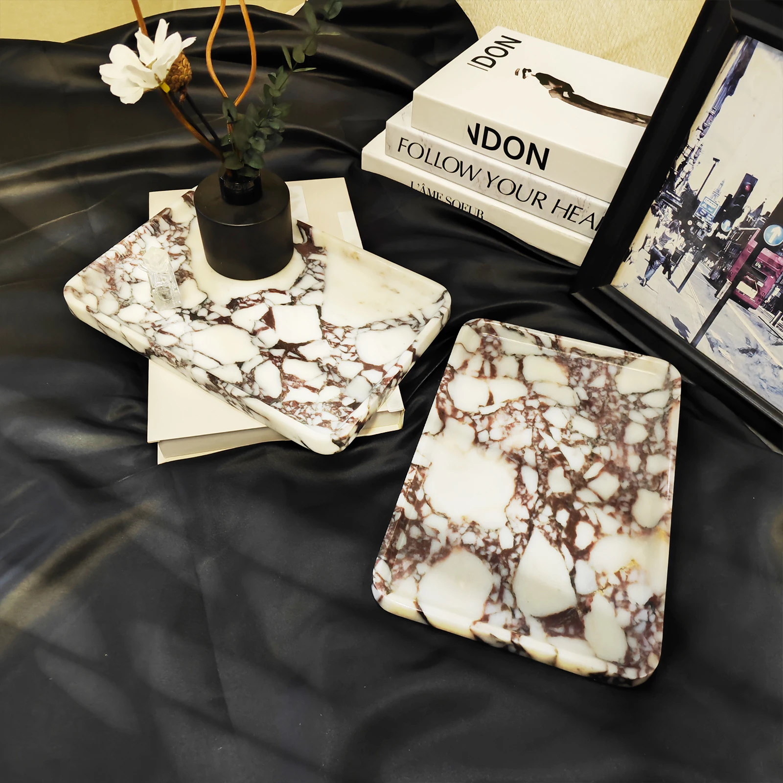 صينية رخامية، صواني حجرية طبيعية 100% للزينة، الحمام، المطبخ، العطور، مستحضرات التجميل، القهوة، طبق المجوهرات المستطيل