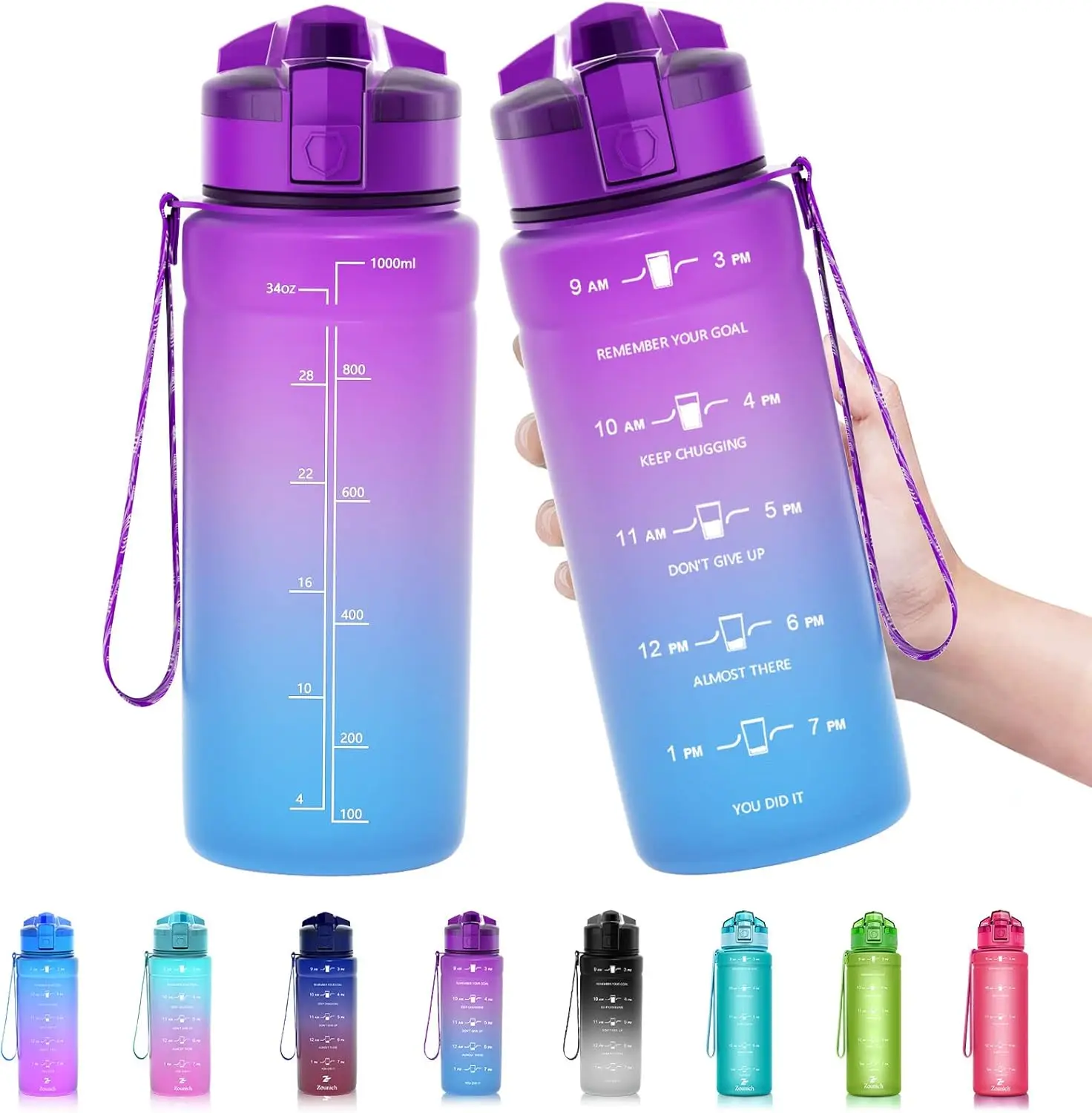 500ml Water Bottle Gradient Color Motivational Sports Water Bottle with Time Marker Leak-proof Bottle for Office Gym Outdoor