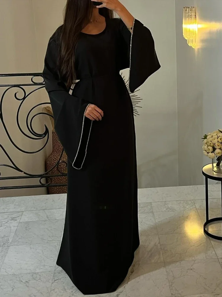 Eid Ramadan Party Dress for woman women Abaya Diamond Flare Sleeve Long Dress Belt Morocco Kaftan Vestidos Dubai Robe Jalabiya