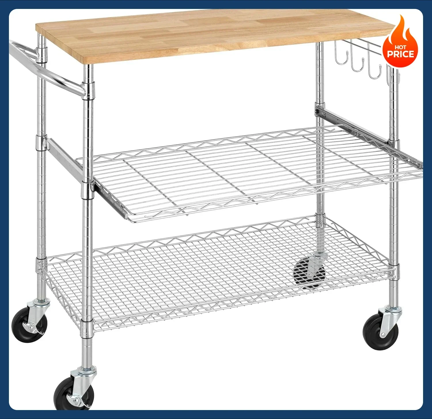 

[Best Seller!]3-Tier Rolling Kitchen Cart with 18" D x 36" W Oak Wood Tabletop, Kitchen Island Cart with 4" Wheels and Slider Sh