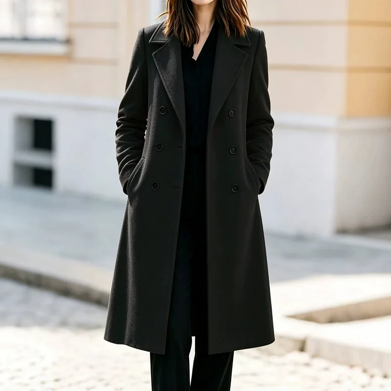 Autumn Winter New Double Breasted Trench Coat Fashion Solid Pocket Commute Coat Elegant Lady Long Sleeve Lapel Simple Overcoat