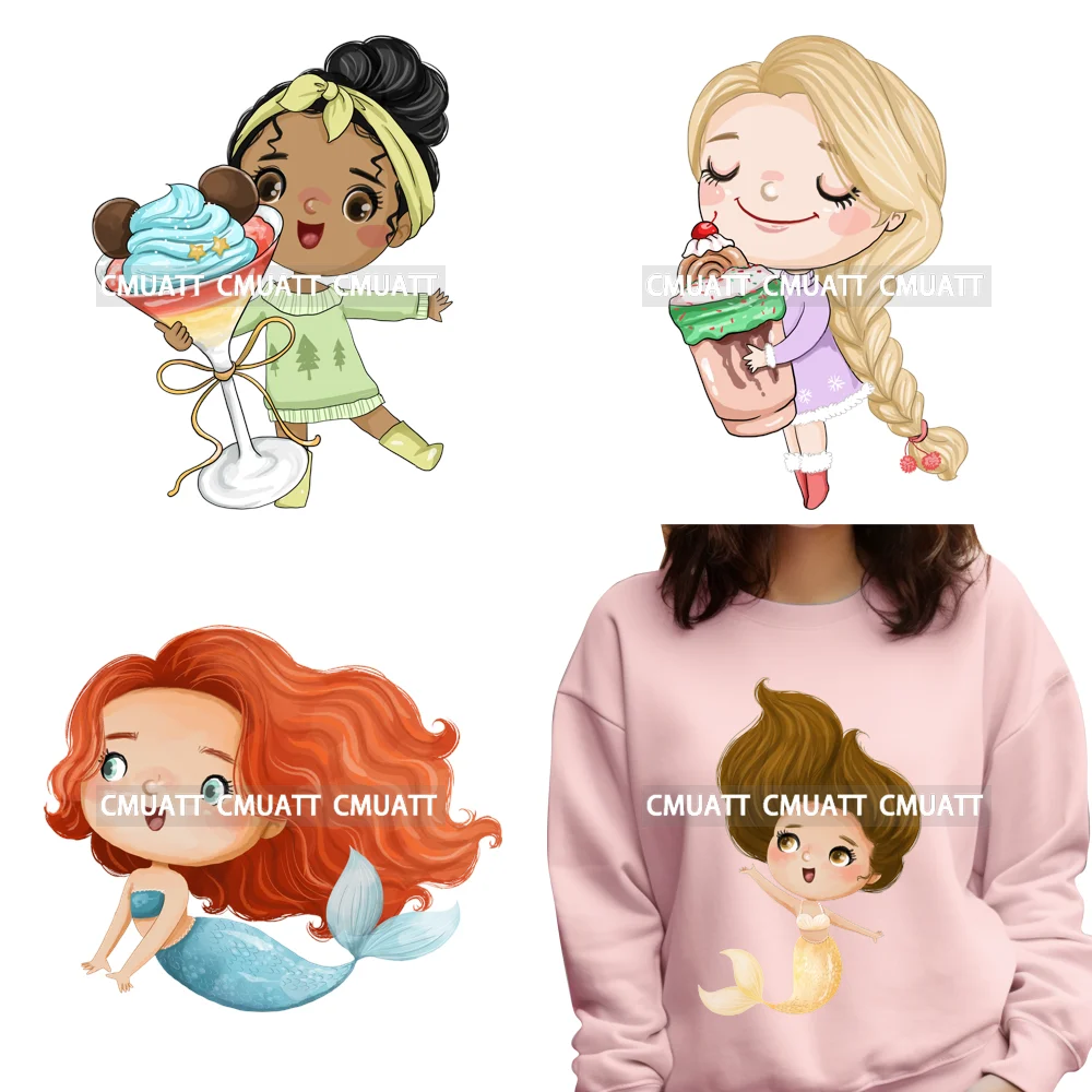 

Cute Cartoon Ice Cream Christmas Mermaid Princess Xmas Season Iron on DTF Washable Transfer Stickers Ready to Press for T-shirts