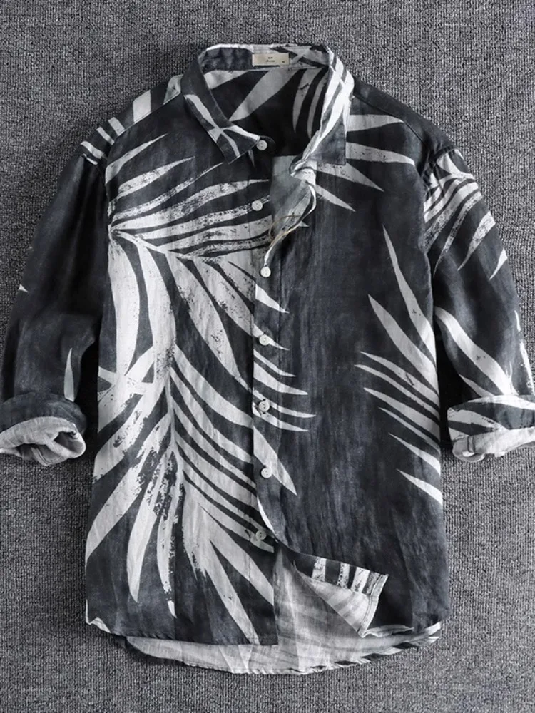 

Spring Autumn Men's Casual Linen Shirt Leaf Print Trendy Simple Seven-Quarter Sleeve Loose Fit Youthful Style Versatile Shirt