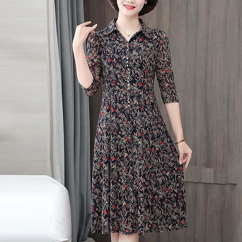 Middle Aged Women Vintage Floral Print Elegant Slim Three Quarter Sleeve Shirt Midi Dress Spring Casual Fashion Dresses Clothes