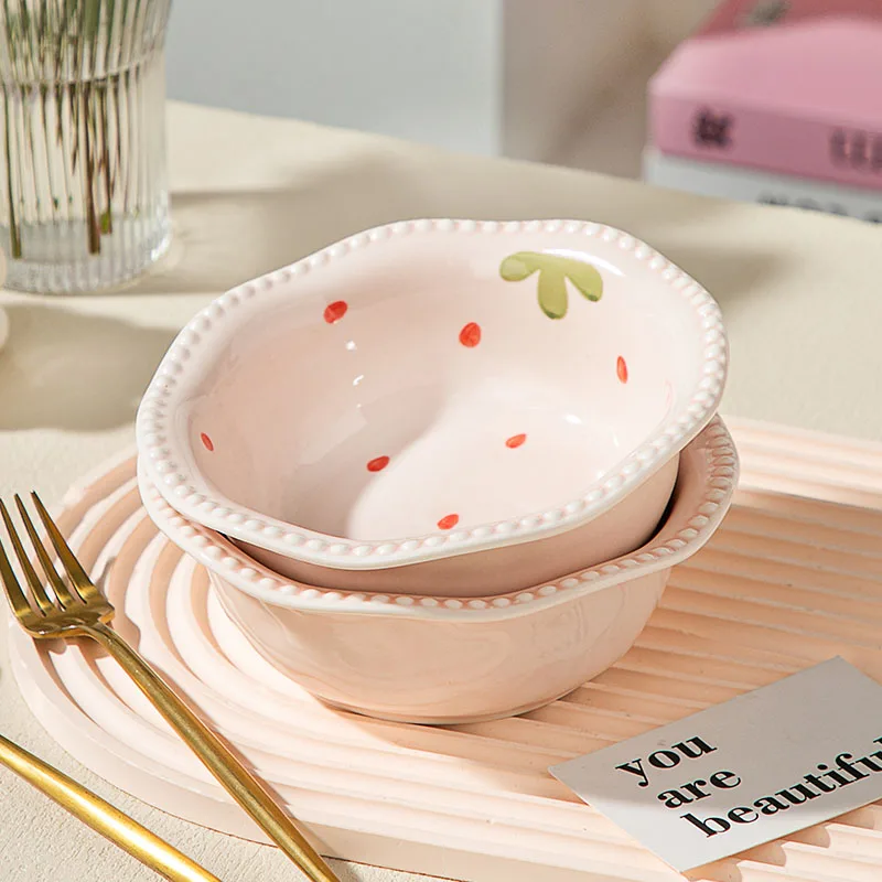 Cuenco de cerámica rosa bonito con diseño de fresa, cuencos redondos para yogur en relieve, cuenco informal para desayuno en casa, cuenco de avena, cuenco de porcelana para ensalada