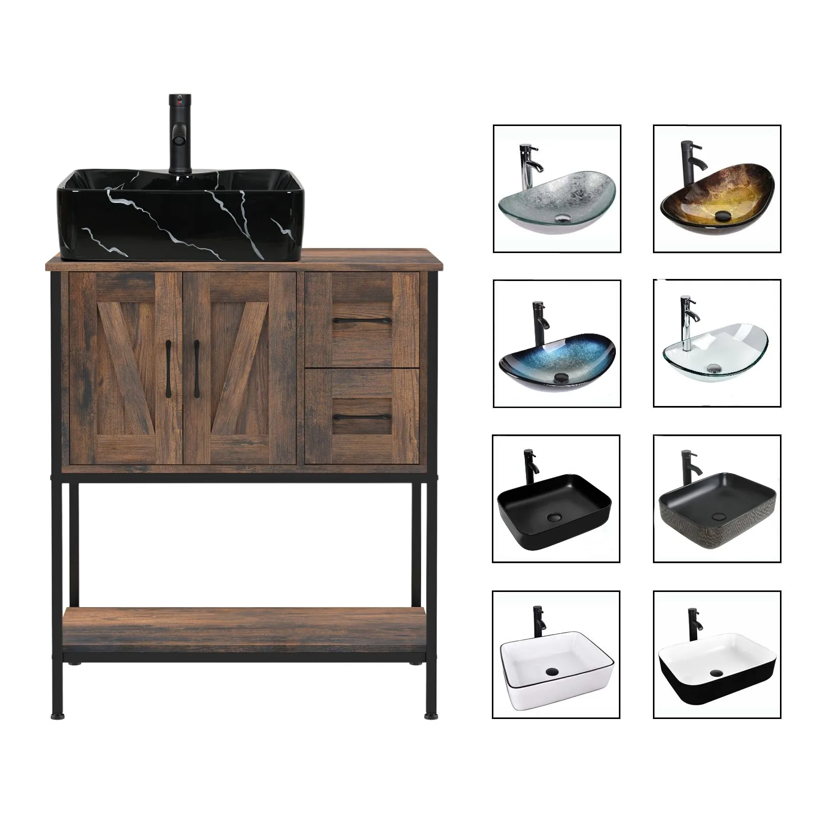 

Современная тумба для ванной 30 дюймов с раковиной-чашей, 2 ящиками и открытой полкой, отдельно стоящая