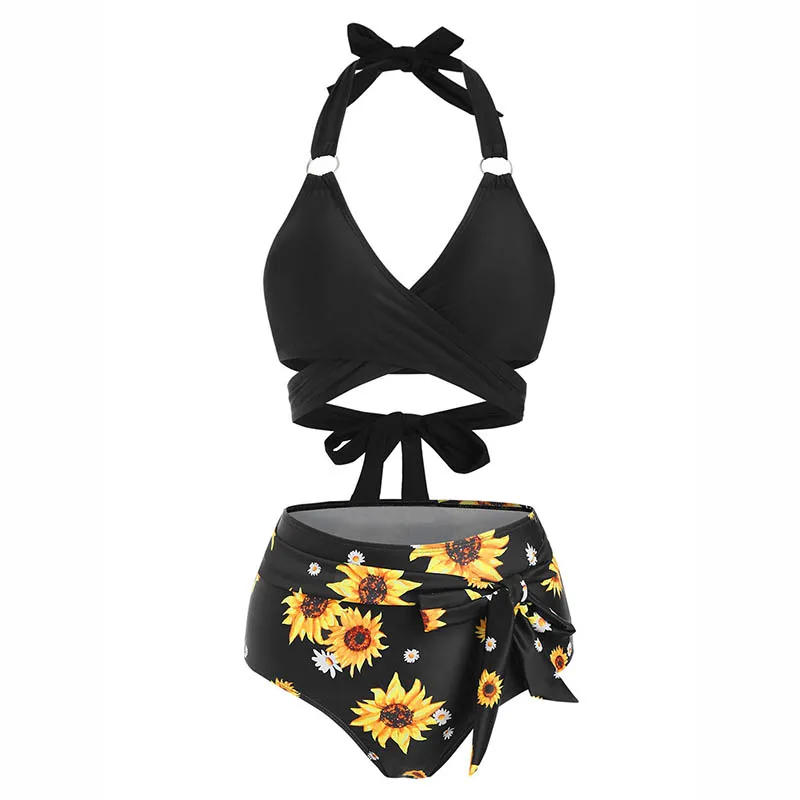 Women's Vacation Bikini Set Swimsuit Sunflower Bathing Suit Knot Ring High Waisted Wrap Halter Tied Beach Tummy Control Swimwear