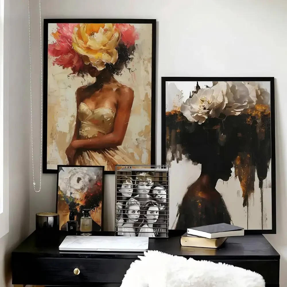 Abstract Flowers Head Hair Black African Girl Woman Boho Poster And Prints Wall Art Pictures For Modern Bedroom Game Room Home