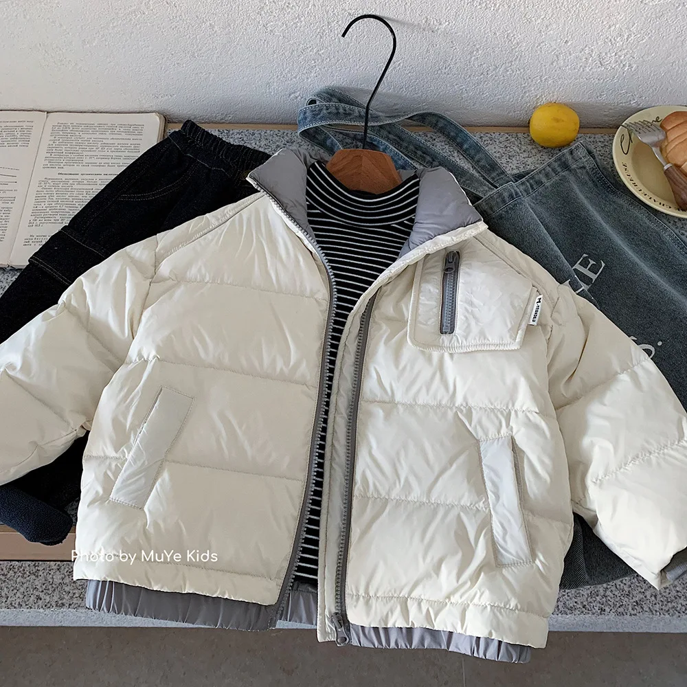 

Детская одежда, детский однотонный простой пуховик в корейском стиле, новый зимний повседневный толстый и теплый универсальный пуховик для мальчиков