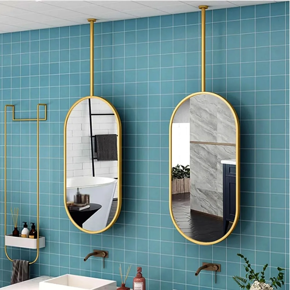 Ovaler goldfarbener Galgenspiegel mit hängendem Design für Decken- und Wandmontage im Flur und Badezimmer (40 x 80 cm)