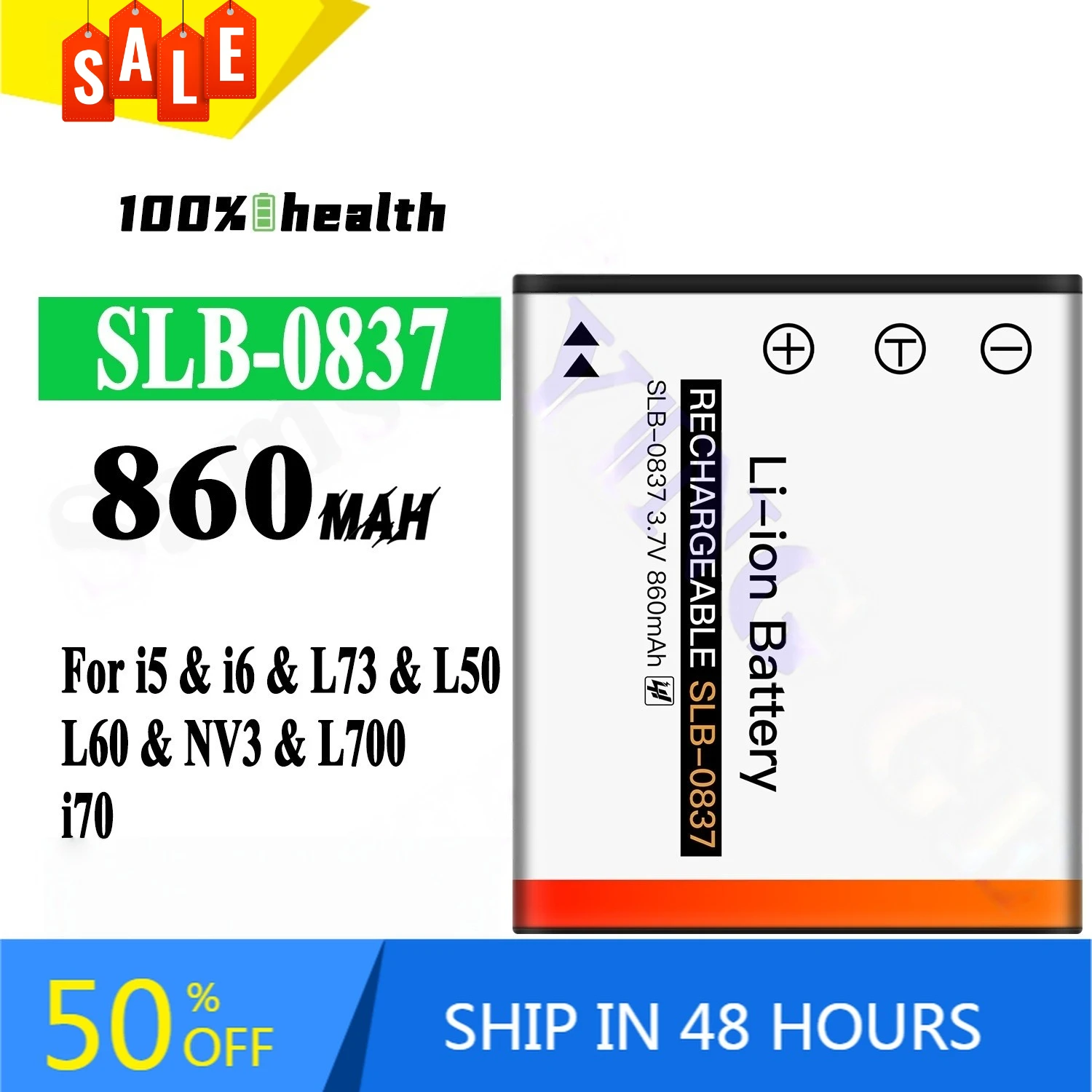 

SLB-0837 860mAh Camera Battery for Samsung Blue Tune I5 I6 L73 L50 L60 NV3 L700 I70 L80 L73N V5Nv7 Rechargeable Battery