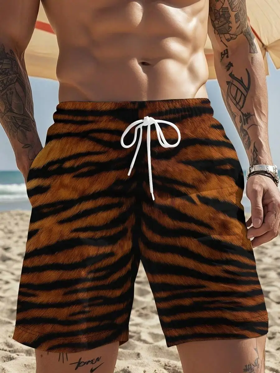 

Mens Tiger Print Beach Shorts Brown Black Quick Dry Breathable Summer Swim Trunks