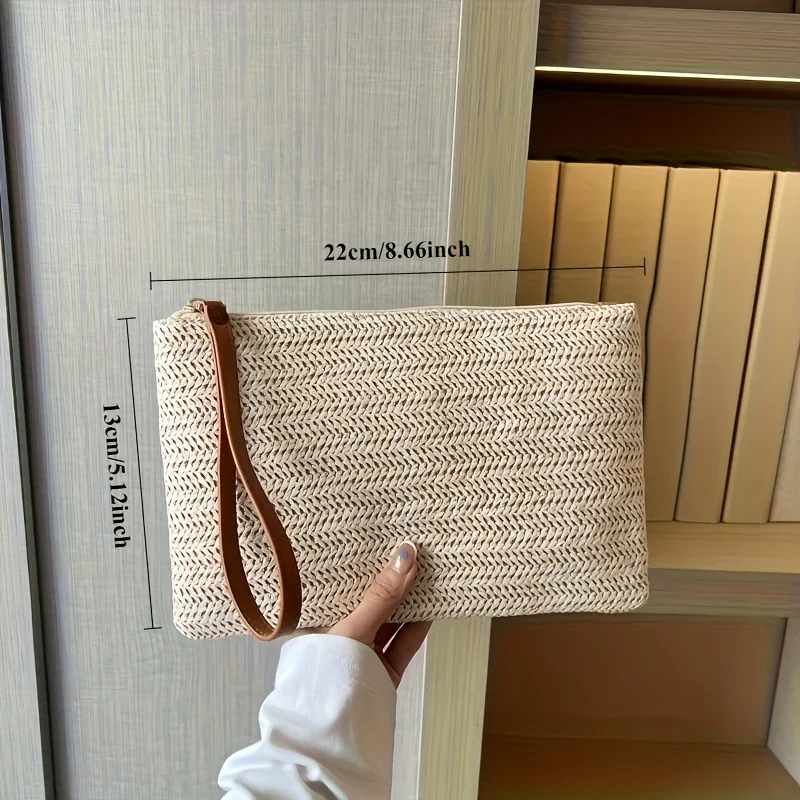 Summer Beige Straw Clutch Bag, Herringbone Weave Wristlet Strap, Boho Aesthetic, Perfect for Beach Trips Casual Summer Events. view 6