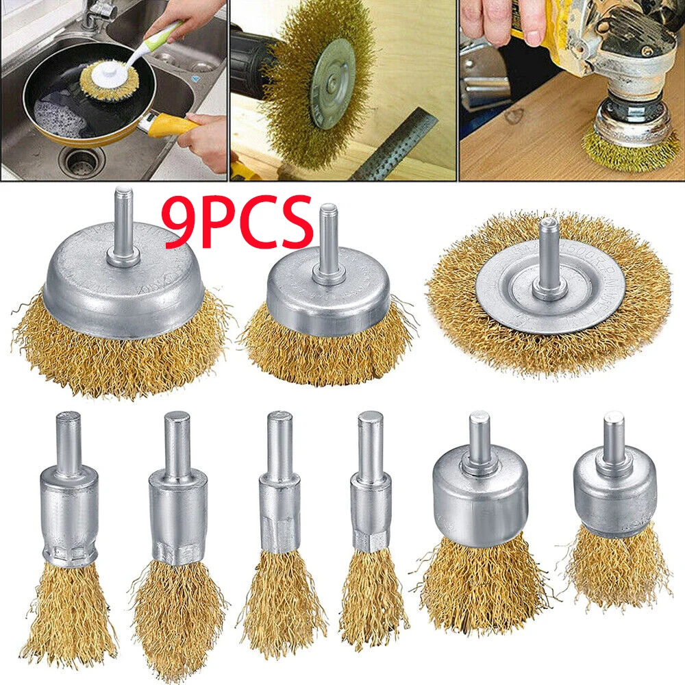 9Pcs Wire Brush Wheel Cup Brush Set Brush Drill Attachment Bit Kit Brass Coated Wire Cleaning Wheel Cup Tools