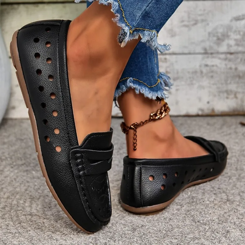 Sapatos de couro antiderrapante para mulheres, sapatos únicos, cabeça redonda, boca rasa, oca, esportiva, casual, confortável, leve, novo, verão