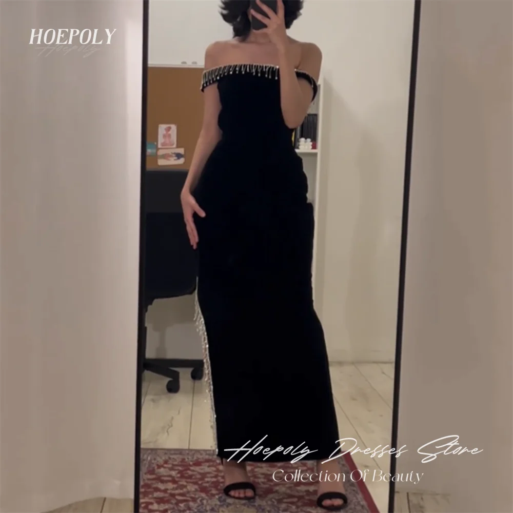 

Hoepoly Luxury Strapless Crystals Beading Off The Shoulder Sleeveless Mermaid Long Evening Dress Ankle Length Prom Gown New