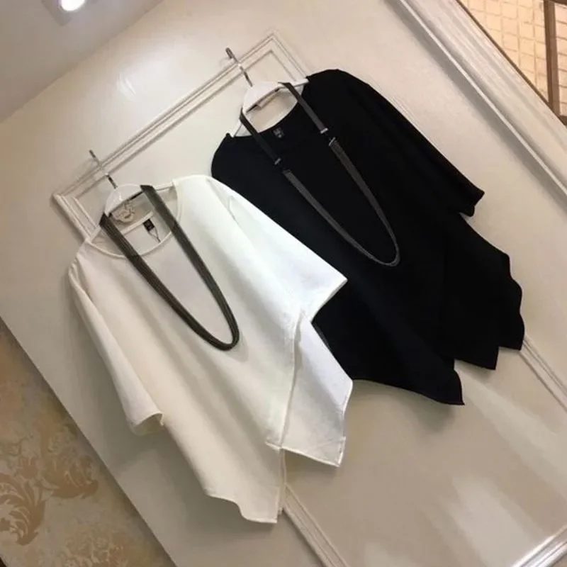 Women Clothing Summer Korean Trendy Patchwork Asymmetrical Chic T Shirt Female Casual O Neck Short Sleeve Loose Tops Vintage