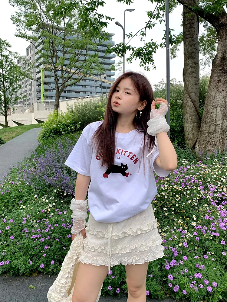 

Хлопковая футболка Damei с милым мультяшным рисунком животных, женская, свободного кроя, базовая, дышащая, летняя