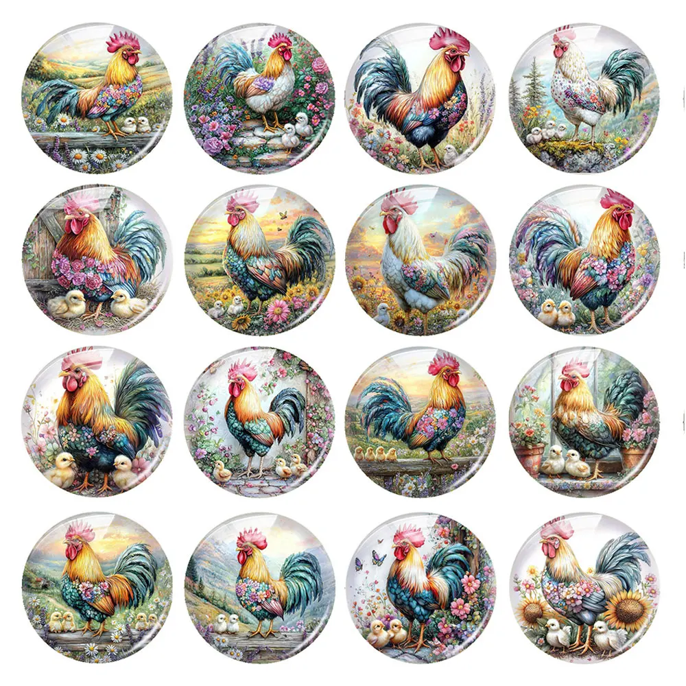Random Mixed Round/Oval/Square Floral Feather Rooster Farm Chick Photo Glass Cabochon Flatback Demo Cameo For Diy Jewelry Making
