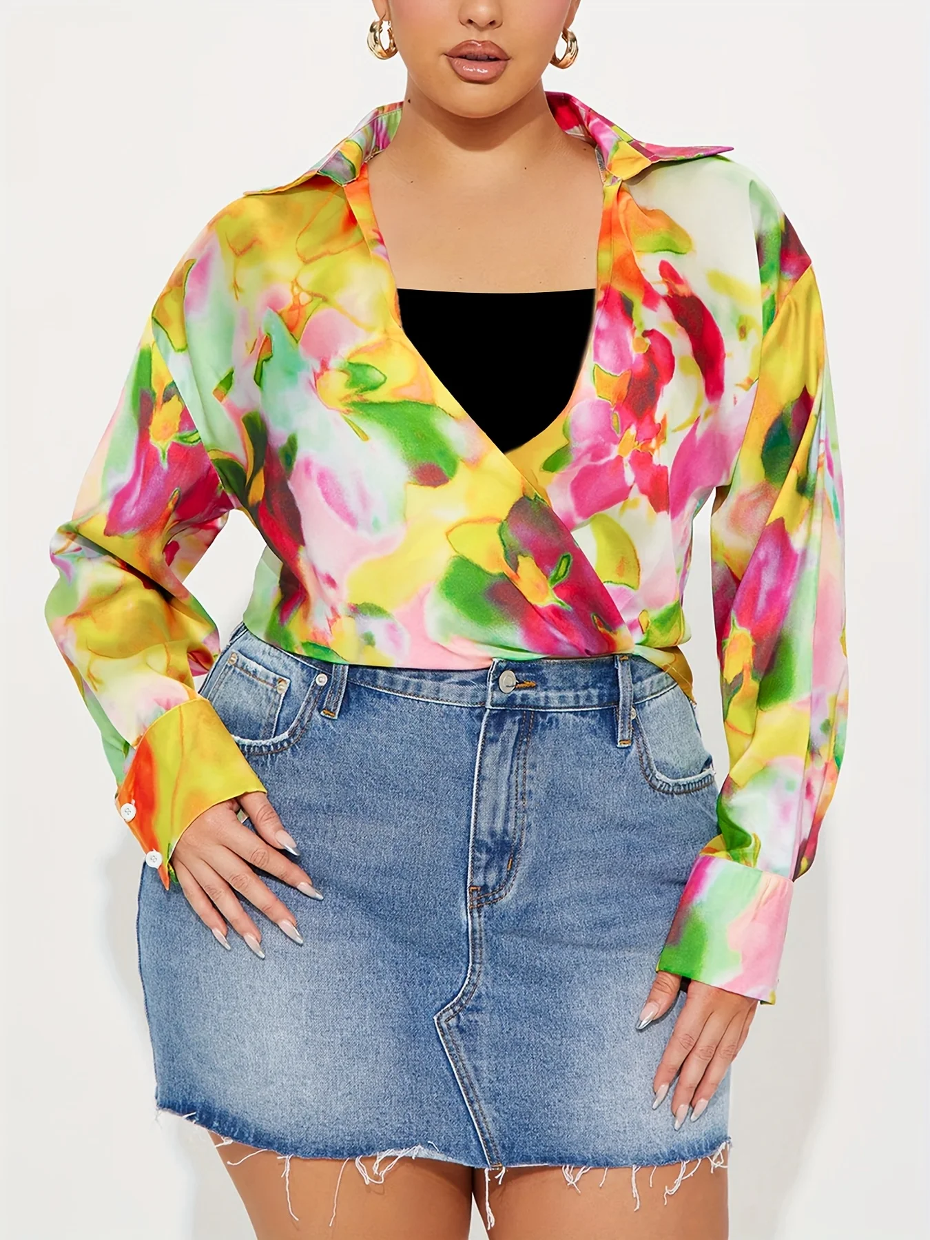 

Женская летняя акварельная рубашка с V-образным вырезом больших размеров, мягкая, легкая, неэластичная, подчеркивающая фигуру, с длинными рукавами для джинсов. 1-5XL.