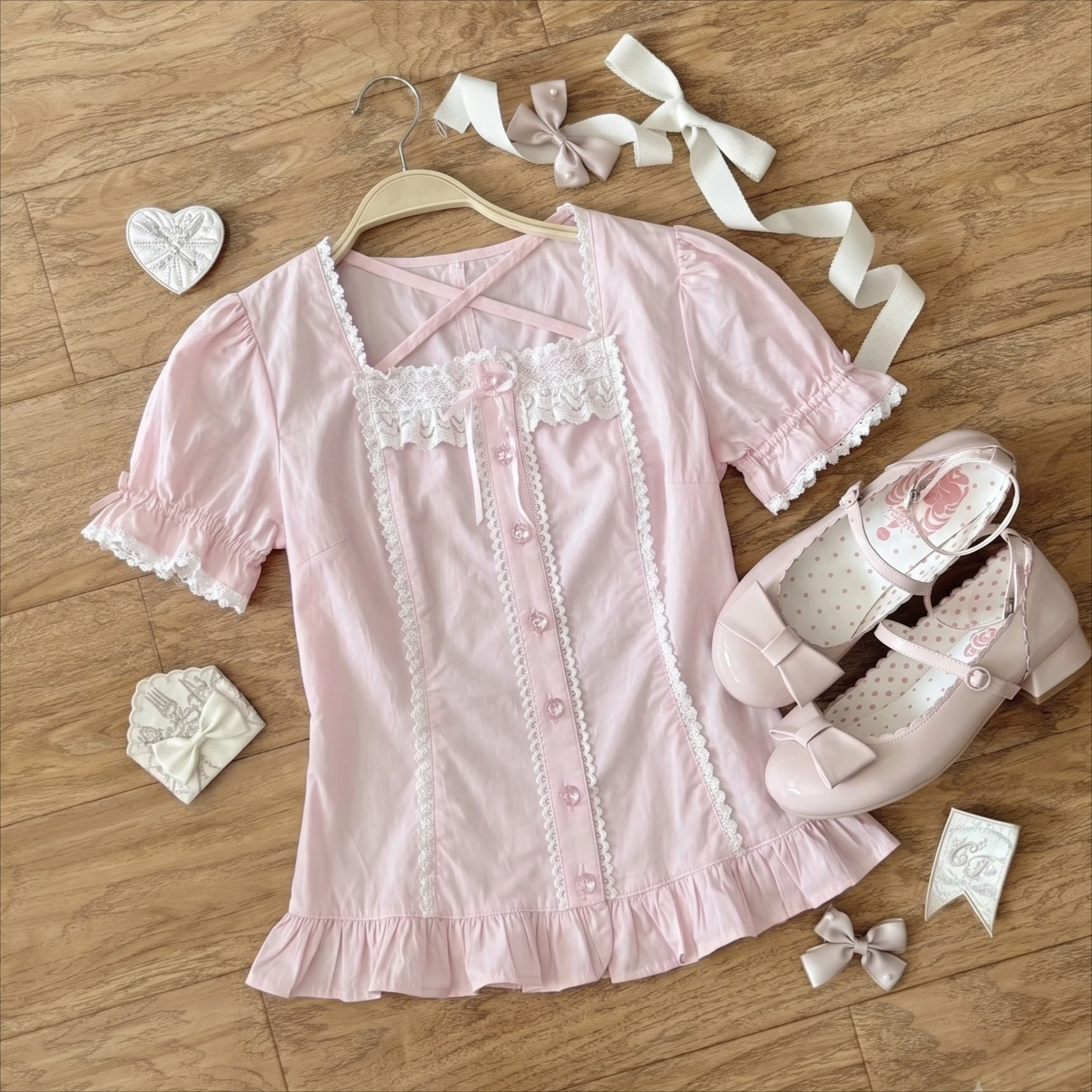 Süße Y2K Kawaii Bluse mit eckigem Ausschnitt, Neckholder, Spitze, Rüschen, Puffärmeln, Knöpfen, schmaler Passform, lässiges Streetwear-Oberteil für Damen