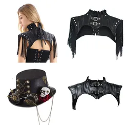 Women Retro Gothic Harness Shoulder Armor Cape Punk Shawl Victorian Punk Flat Top Hat Magician Cosplay Cap Costume Accessories