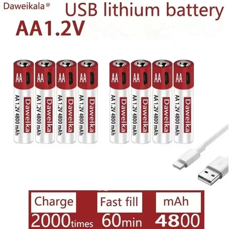 AA rechargeable lithium battery, 1.2V USB rechargeable AA battery, AA, 4800mAh, toy mouse remote control, free delivery CE  FCC