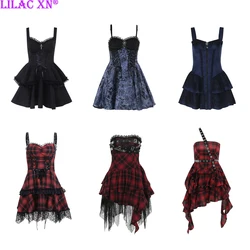 Y2K Sexy Schwarz Spitze Strap Party Kleider Goth Vintage Ästhetischen Hohe Schlitz Bodycon Mini Kleider Frauen Sommer Kleider Streetwear