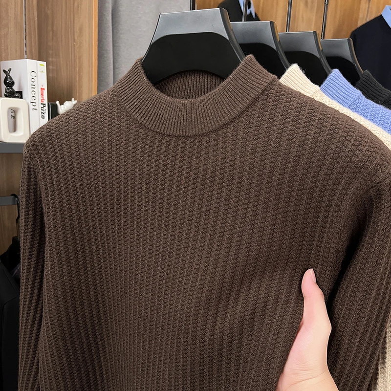 

Thickened Sweater Men's Autumn and Winter Round Neck Warm Knit Sweater Youth Half High Neck Solid Color Casual Base