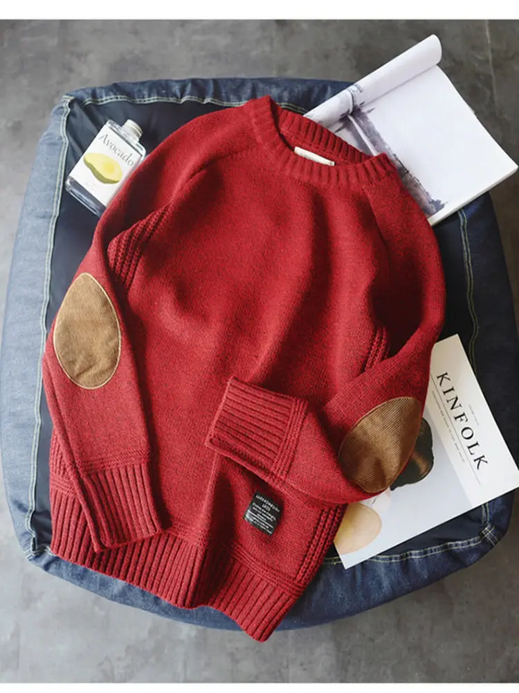 

Thi Autumn Winter Men's Knitted Sweater round Ne Student Polyester Fiber Long Sve Warm Color Leisure Comfortable