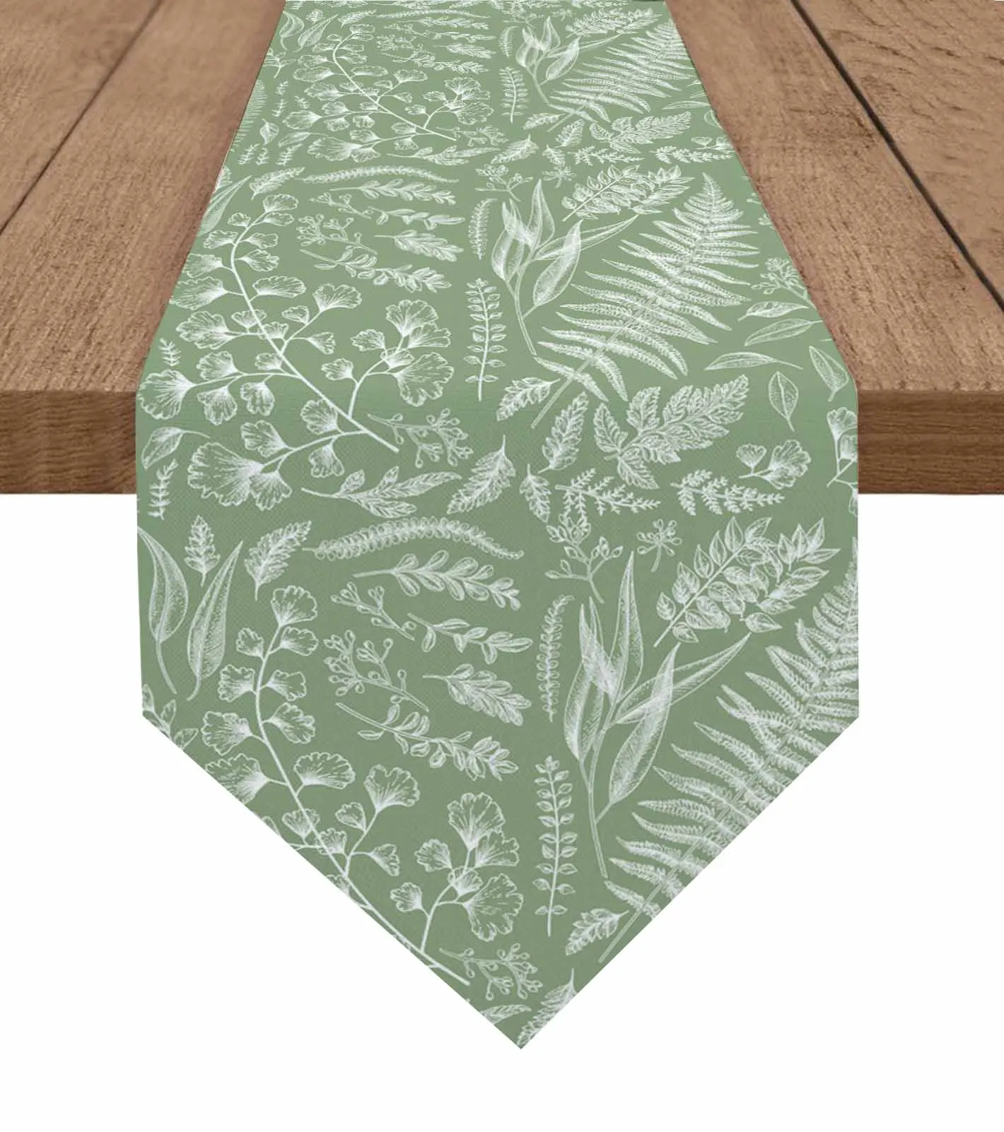 Sage Green Fern Leaves Table Runner Holiday Party Tablecloth Kitchen Dining Table Runners Wedding Decorations