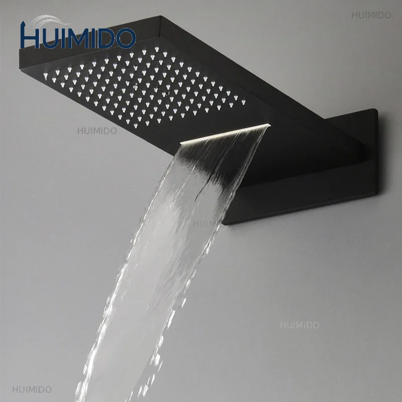 Black Shower Head Rainfall Waterfall Shower Head LED Bath Shower Spray Bathroom Square Top Over Spray Black/brushd gold