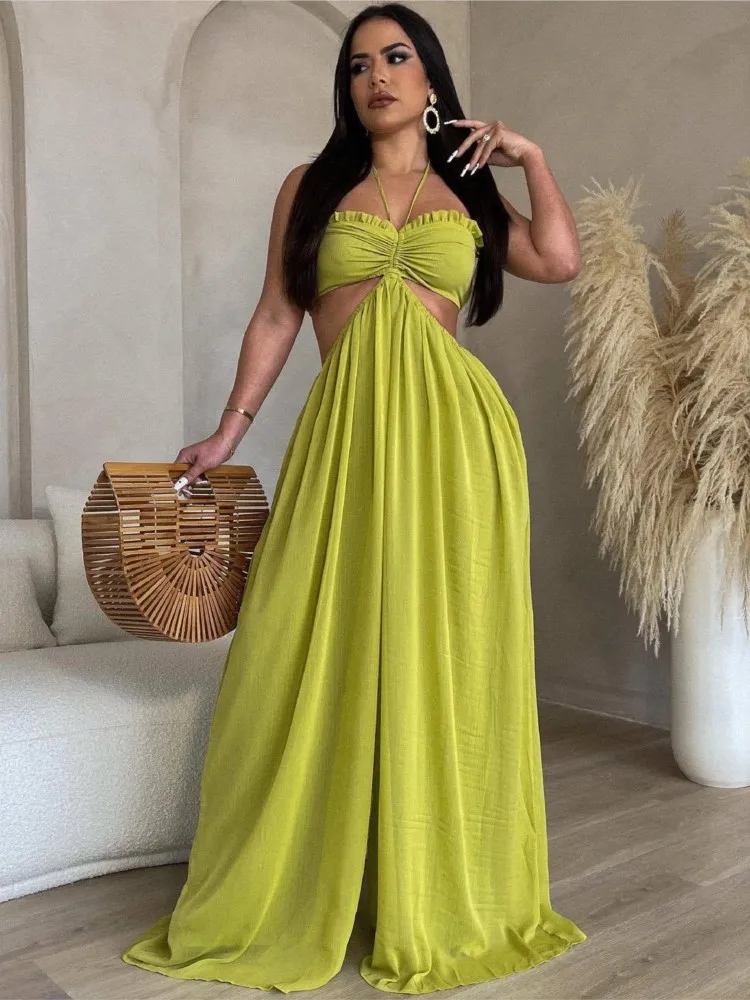 

Women Sexy Chiffon Beach Jumpsuits loose Wide Leg Pant Backless Halter Rompers Holiday Party Outfits Summer 2025 female clothing
