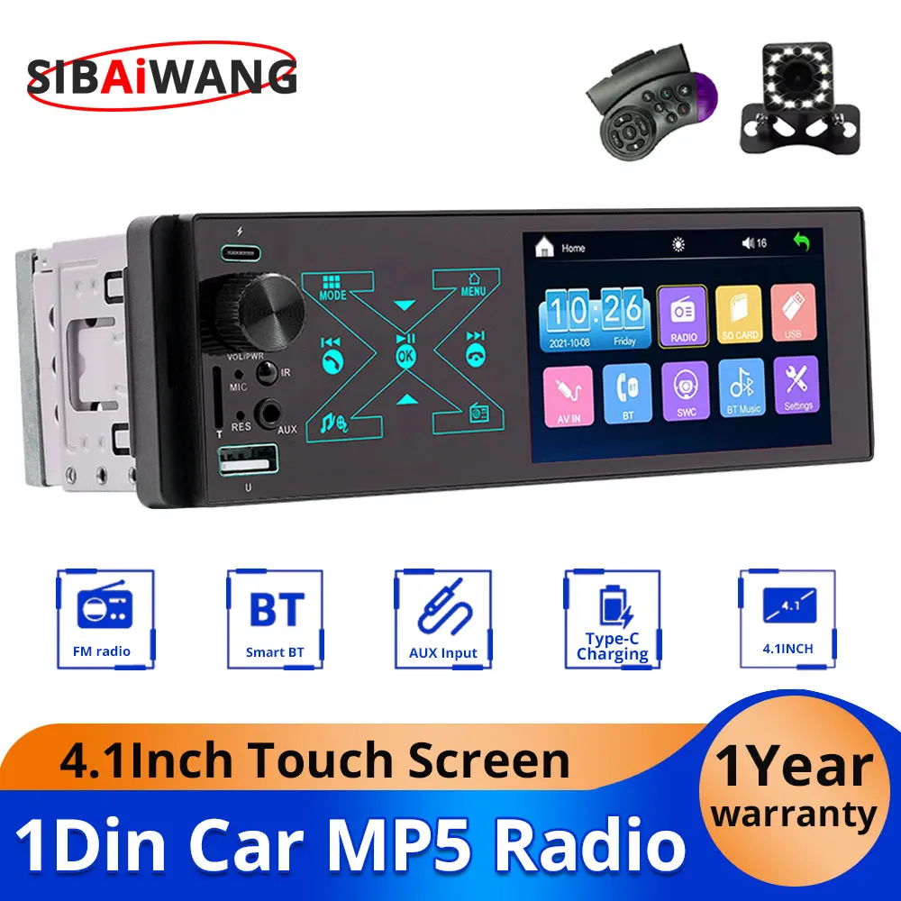 

4.1Inch 1Din Touch Screen Car Radio Bluetooth Multimedia MP5 Player TF AUX USB Type-C Charging FM Radio Video Output Players
