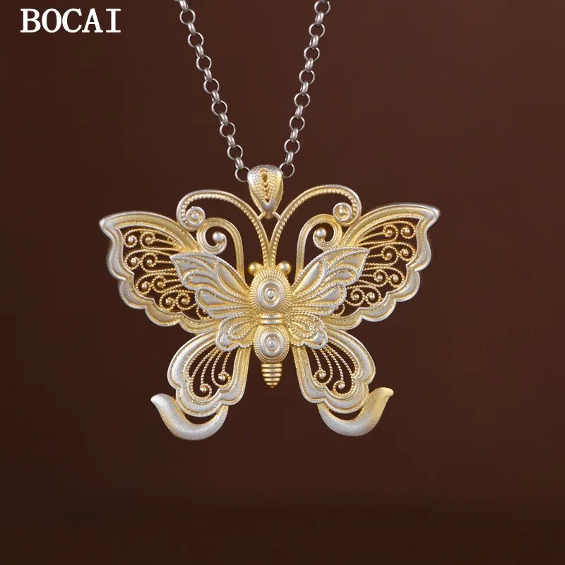 BOCAI S999 Silver Gold Stroke Elegant Chinese Style Light Luxury Butterfly Pendant