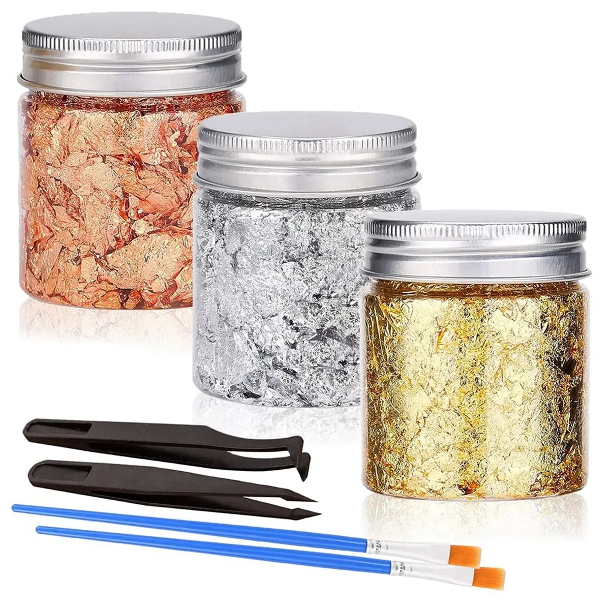 3 Color Imitation Gold Foil Flakes with Tweezers Brush Metallic Leaf for Nail Art Painting Crafts Resin Jewelry Making